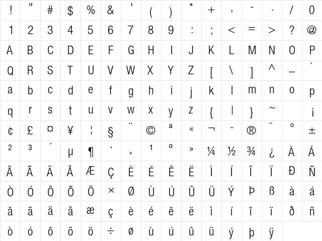 Helvetica Neue LT Pro 47 Light Condensed  glyph index