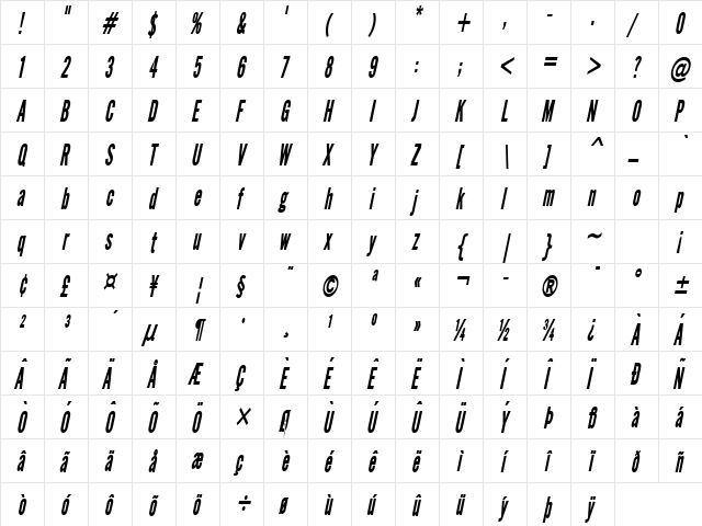 Eng Gothic Thin BoldItalic  glyph index