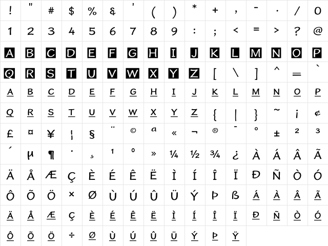 Cordin Freebie 2a Regular  glyph index