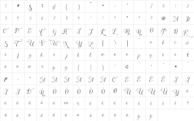 Wenny script Regular  glyph index
