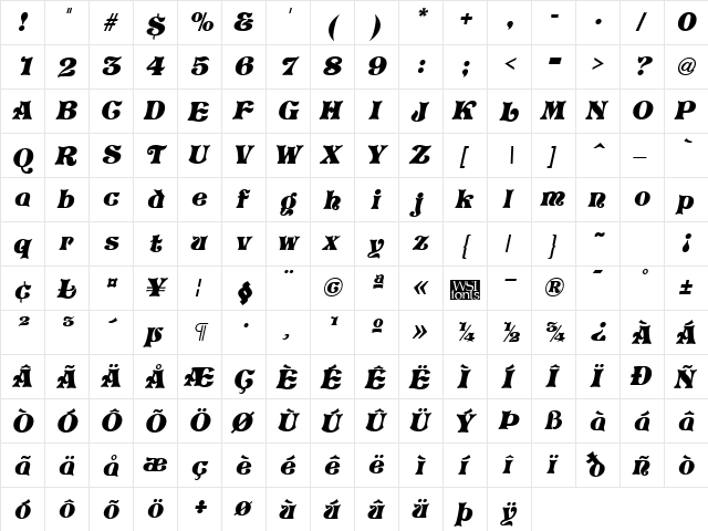 Vostrey Italic  glyph index