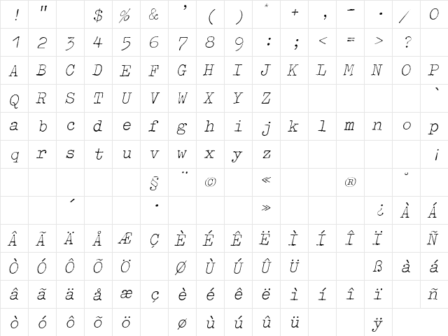 OldTypewriterExtLigObl Regular  glyph index