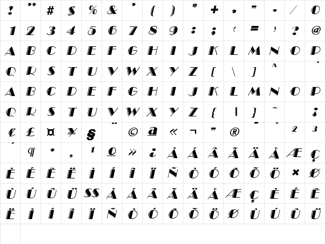 BroadwayEngraved Italic  glyph index