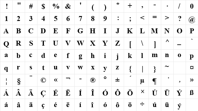 Times New Roman CE Bold  glyph index