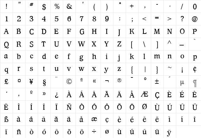 WaverlyMedium Roman  glyph index