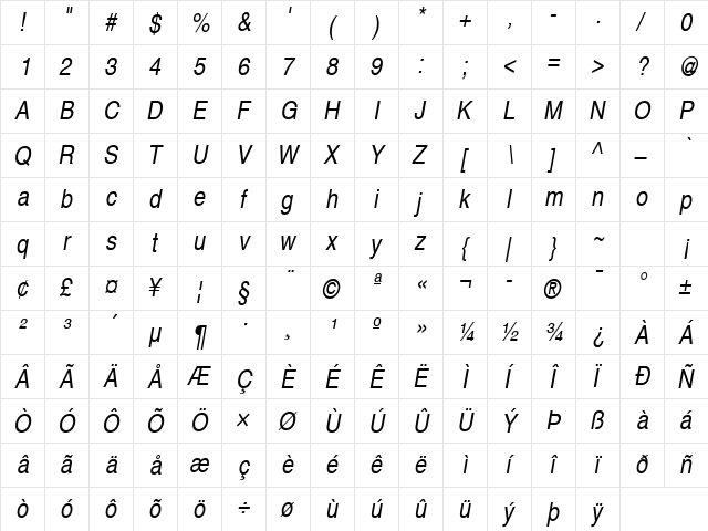 Helvetica Narrow Oblique  glyph index