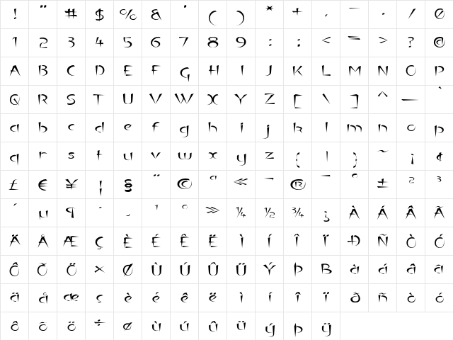 Luteous Exodus Regular  glyph index