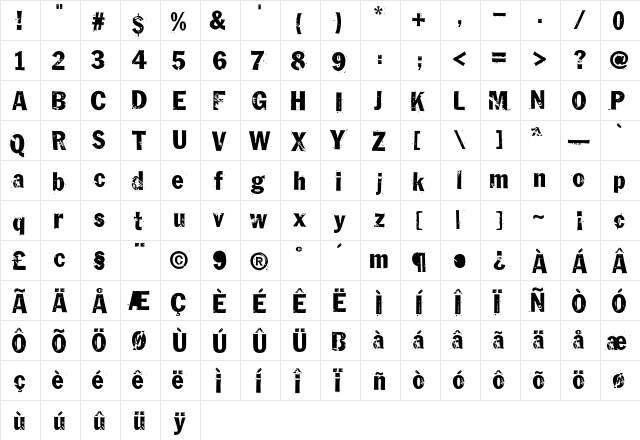 Gutter Regular  glyph index