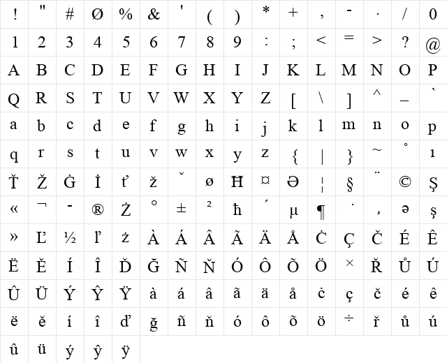Velehrad Regular  glyph index