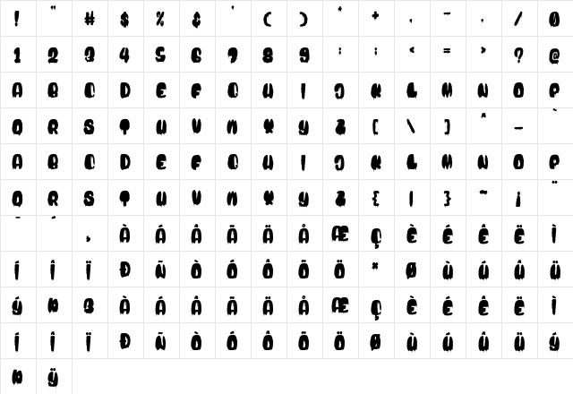 Blood Bold Driped Regular  glyph index