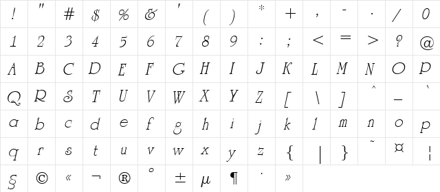 a_Romanus Italic  glyph index