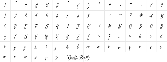 South Beast Regular  glyph index