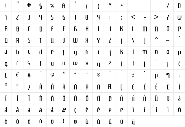 Ultranova Regular  glyph index