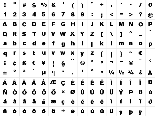 VolvoSansSuper Bold  glyph index