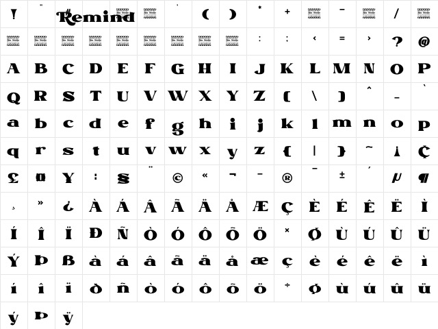 Remind Personal Use Regular  glyph index