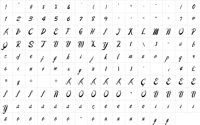 Baberly Regular  glyph index