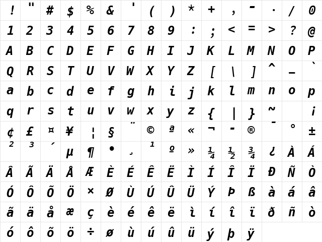 Hack Bold Italic  glyph index