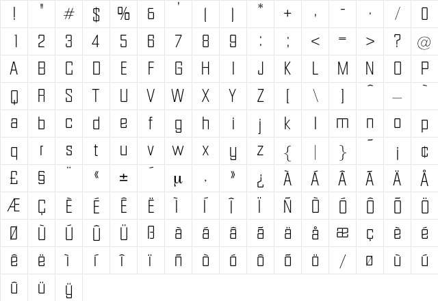 Carrera Regular  glyph index