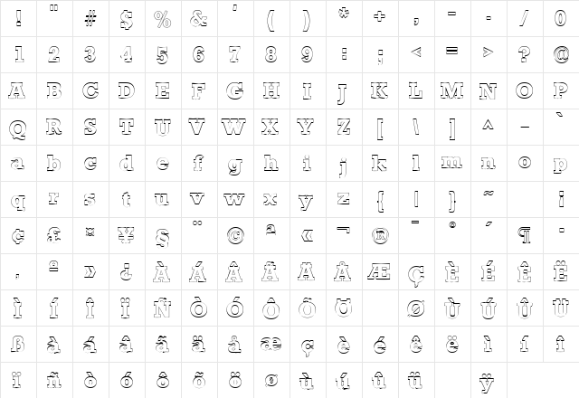 StaffordOutline Regular  glyph index