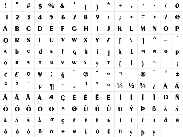 CremeBlackSSK Regular  glyph index