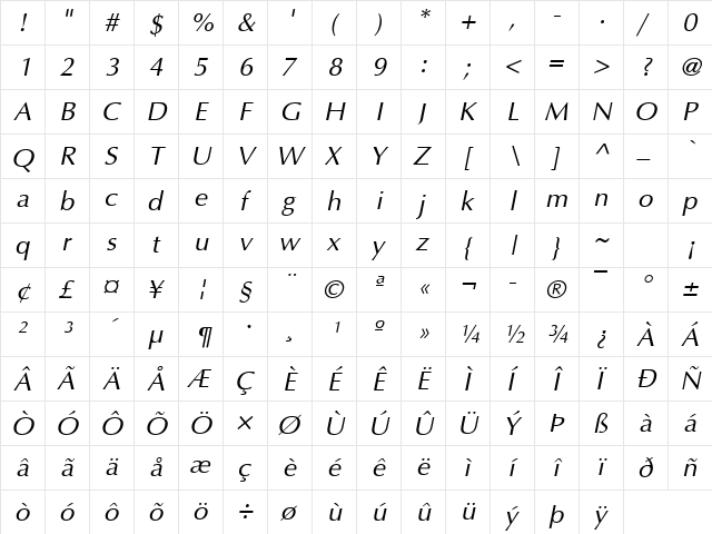 Optimum Italic  glyph index