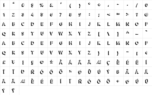 Alesand Extrude ExtBd Regular  glyph index