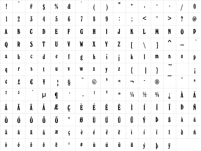 Whitehall-Elongated Regular  glyph index
