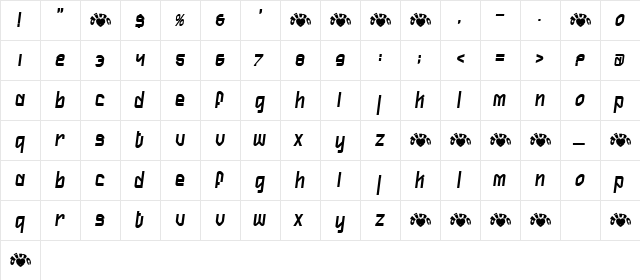Firefly Slant Regular  glyph index
