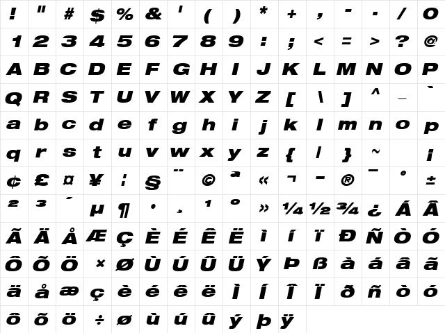 ContextRepriseBlackExpSSK Bold Italic  glyph index