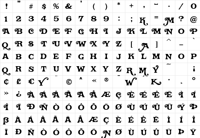 TwisterJF Regular  glyph index