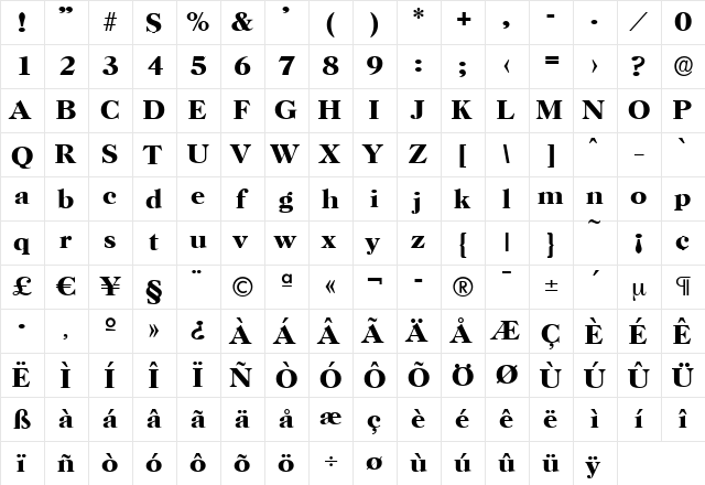 PaulBecker Bold  glyph index