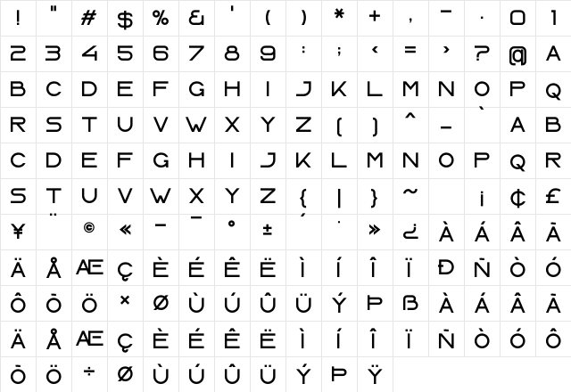 LASER Regular  glyph index