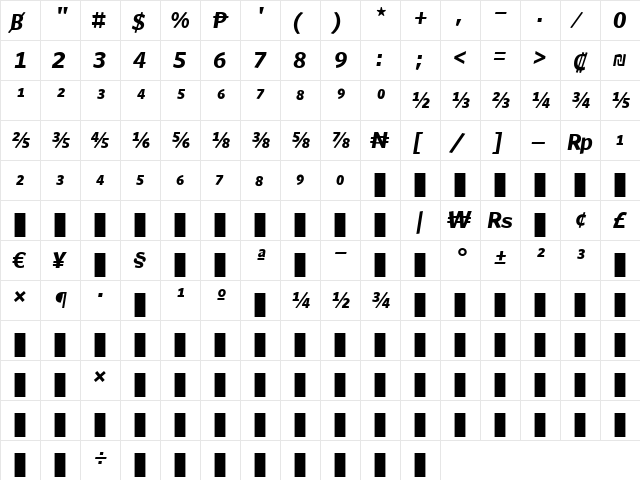 WhitneyNumeric Bold Italic  glyph index