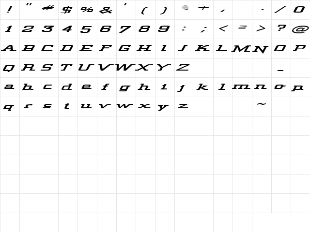 Wide Glide Regular  glyph index