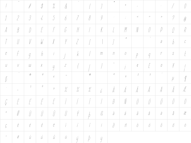 Elegant Sans Thin Italic  glyph index