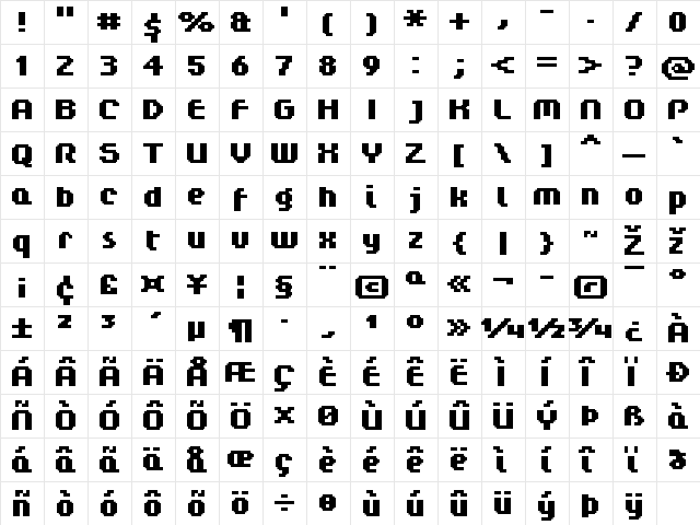 FFF Regency Bold Extended Regular  glyph index