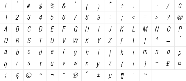 HeliosCondLightC Italic  glyph index