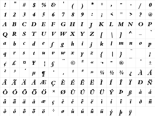 URWBeruiniTExtBol Italic  glyph index