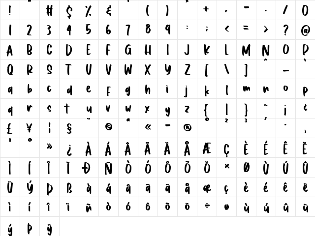 Spring Garden Regular  glyph index