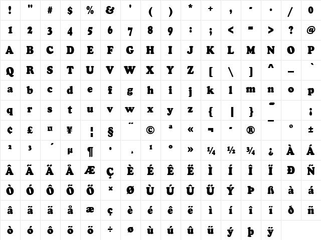 Cooper Becker Black Cond Regular  glyph index