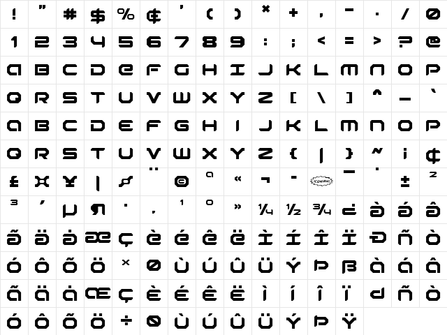 Robotaur Regular  glyph index