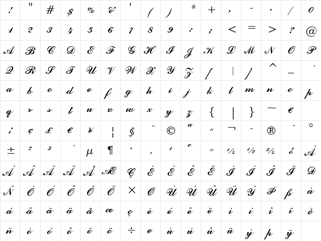 CommercialScript BT Regular  glyph index