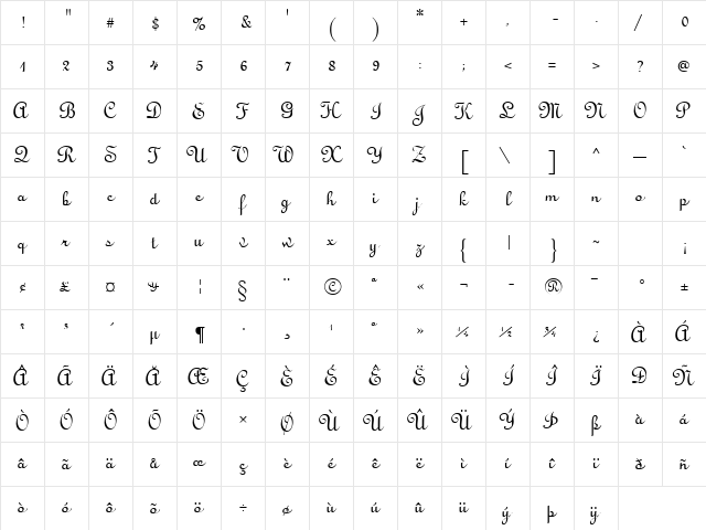 Cathedral Regular  glyph index