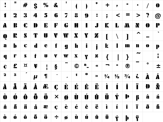 Template Bold  glyph index