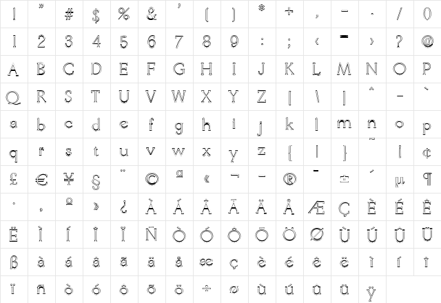 BenjaminBeckerOutline-ExLight Regular  glyph index