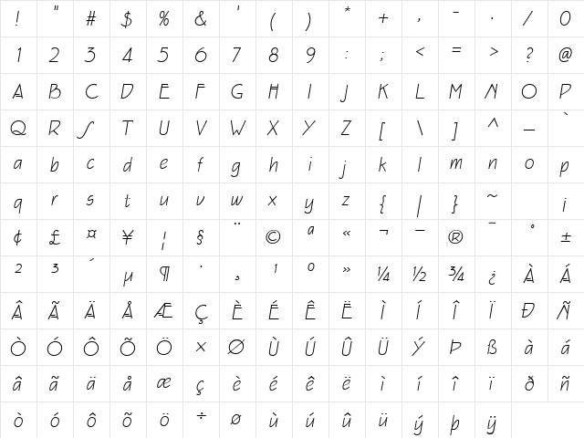 EaglefeatherFormalLightIt Regular  glyph index