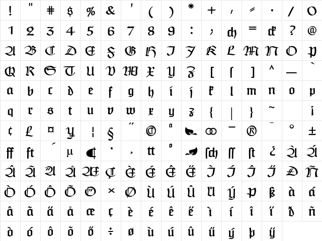 Claudius Alternate Regular  glyph index