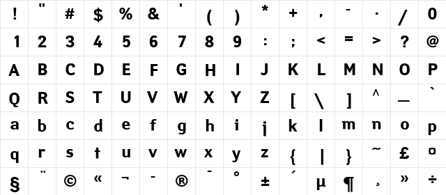 YanusC Bold  glyph index