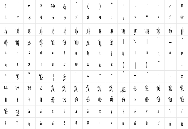 FancyCardText Embellished Regular  glyph index