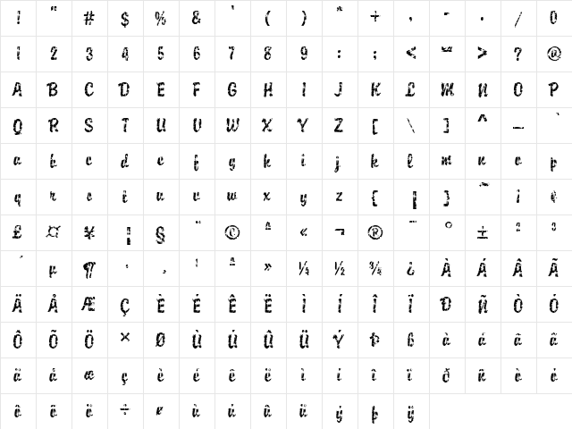 DTC Brody M32 Regular  glyph index